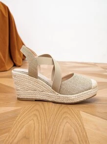 女士極簡編織露跟度假戶外坡跟鞋 - 香檳色 - 查看 2