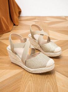 女士極簡編織露跟度假戶外坡跟鞋 - 香檳色 - 查看 3