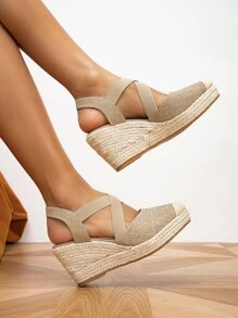 女士極簡編織露跟度假戶外坡跟鞋 - 香檳色 - 查看 4