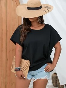 SHEIN LUNE Plus Solid Batwing Sleeve Knot Side Blouse - Black - View 4