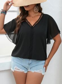 SHEIN LUNE Plus Guipure Lace Panel Butterfly Sleeve Blouse - Black - View 1