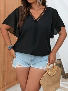 SHEIN LUNE Plus Guipure Lace Panel Butterfly Sleeve Blouse - Black - View 6