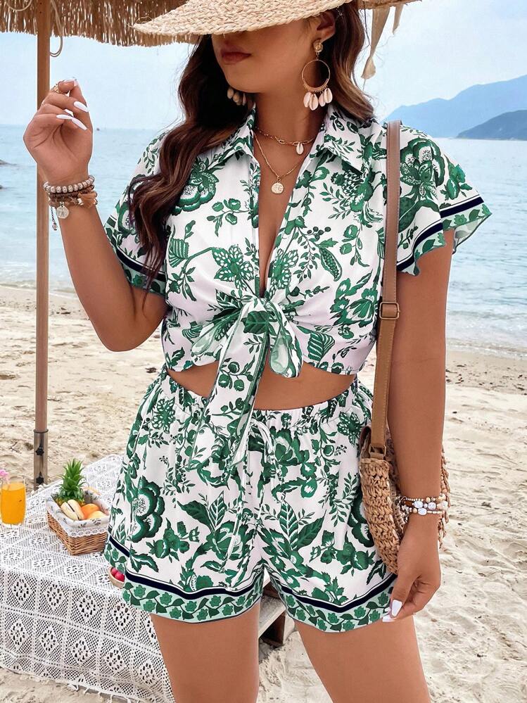 SHEIN Holidaya à imprimé floral à nœud Blouse courte & Short - Vert - Voir 6