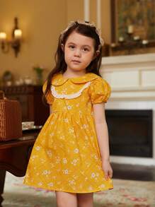 小女童印花彼得潘領泡泡袖洋裝