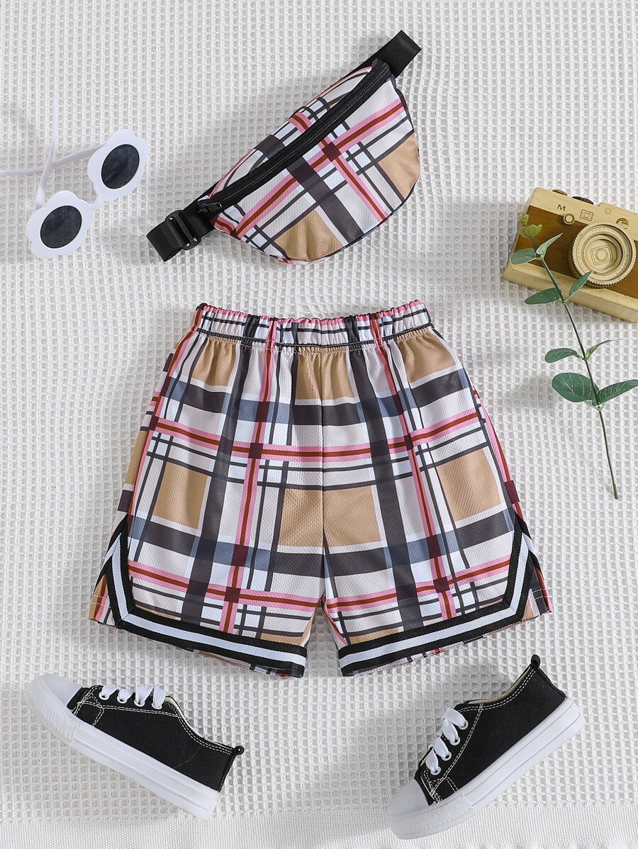 Toddler Boys Plaid Print Contrast Binding Shorts With Bag - Multicolor - View 1