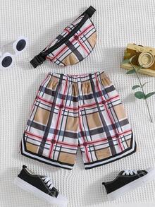 Toddler Boys Plaid Print Contrast Binding Shorts With Bag - Multicolor - View 2