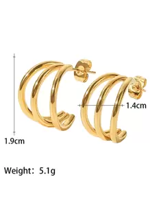 Uworld 1對女性日常佩戴的18k鍍金極簡設計鈦鋼拋光三線耳環 - 金黃色 - 查看 3