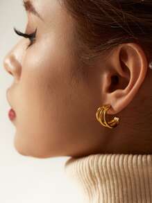 Uworld 1對女性日常佩戴的18k鍍金極簡設計鈦鋼拋光三線耳環 - 金黃色 - 查看 5