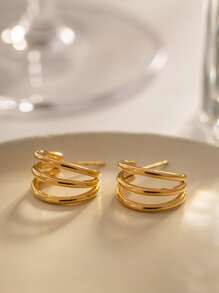 Uworld 1對女性日常佩戴的18k鍍金極簡設計鈦鋼拋光三線耳環 - 金黃色 - 查看 7