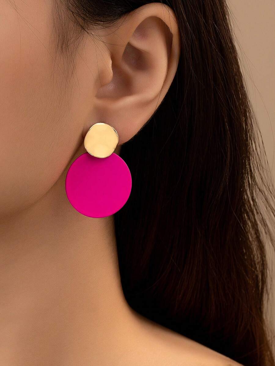 Two Tone Round Drop Earrings - Hot Pink - View 1
