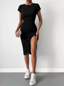 EURMUSE Solid Split Thigh Bodycon Dress - Black - View 2