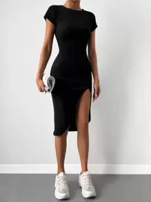 EURMUSE Solid Split Thigh Bodycon Dress - Black - View 3