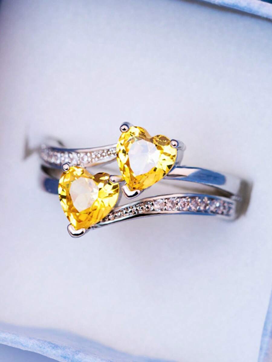 Nhẫn Trang Trí Trái Tim Đính Đá Cubic Zirconia - Màu vàng - Xem 1