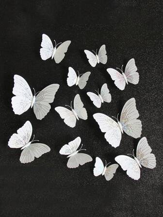 12pcs 3D Butterfly Sticker, Glitter White Self Adhesive Butterfly Wall Art Sticker, For Home Decor, Stickers, Wall Decal, Vinyl Decal For Home Decorations, Spring Decoration Items Refresh Your Home, Festival Decoration Stickers Gifts Birthday Graduation