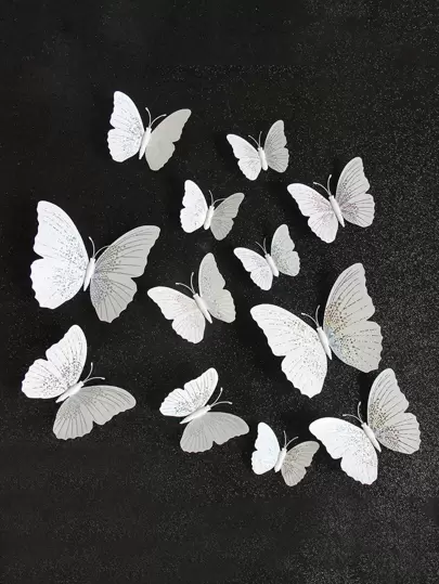 12pcs 3D Butterfly Sticker, Glitter White Self Adhesive Butterfly Wall Art Sticker, For Home Decor, Stickers, Wall Decal, Vinyl Decal For Home Decorations, Spring Decoration Items Refresh Your Home, Festival Decoration Stickers Gifts Birthday Graduation