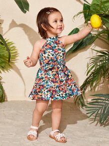 Travachic KIDS Baby Girl Floral Print Ruffle Hem Belted Halter Dress - Multicolor - View 7