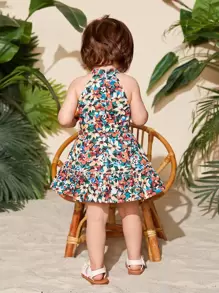 Travachic KIDS Baby Girl Floral Print Ruffle Hem Belted Halter Dress - Multicolor - View 2