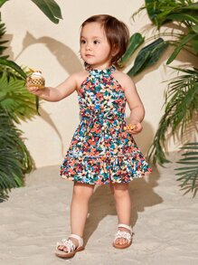 Travachic KIDS Baby Girl Floral Print Ruffle Hem Belted Halter Dress - Multicolor - View 3