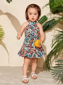 Travachic KIDS Baby Girl Floral Print Ruffle Hem Belted Halter Dress - Multicolor - View 5
