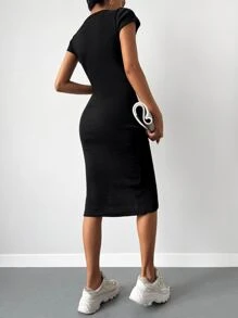 EURMUSE Solid Split Thigh Bodycon Dress - Black - View 5