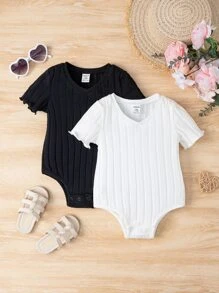 SHEIN Conjunto De 2 Pezas De Ropa De Bebé Niña De Punto Acanalado - Blanco y Negro - Ver 1