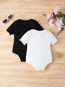 SHEIN Conjunto De 2 Pezas De Ropa De Bebé Niña De Punto Acanalado - Blanco y Negro - Ver 2
