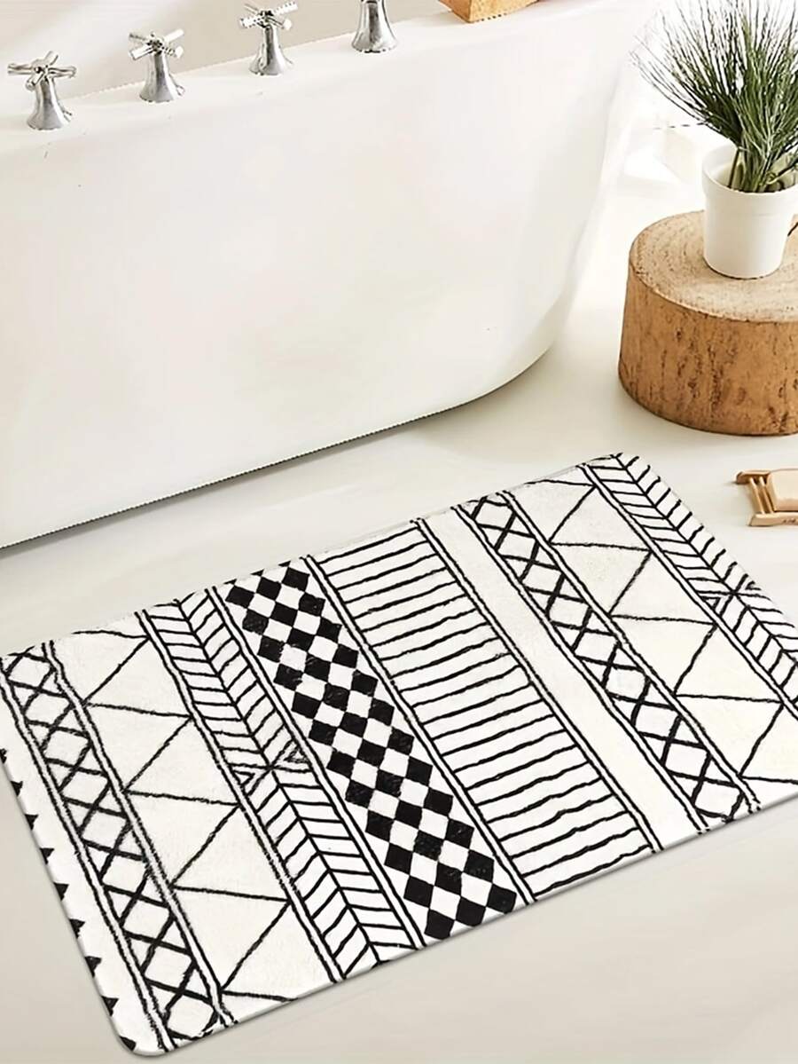 1 Họa Tiết Hình Học Thảm Tắm Đời Boho Họa Tiết Hình Học Polyester Hình Chữ Nhật Hình Thảm Vệ Sinh Cho Phòng Tắm - Đen và trắng - Xem 1