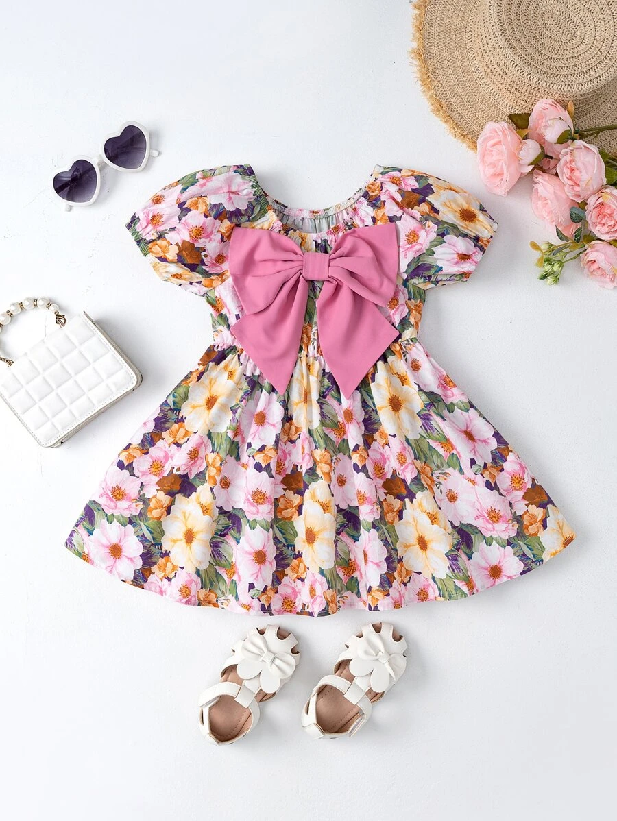 SHEIN Baby Floral Print Bow Front Puff Sleeve Dress - Multicolor - View 1