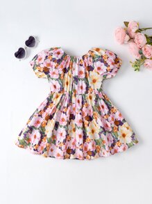 SHEIN Baby Floral Print Bow Front Puff Sleeve Dress - Multicolor - View 2