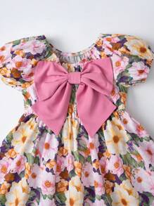 SHEIN Baby Floral Print Bow Front Puff Sleeve Dress - Multicolor - View 3
