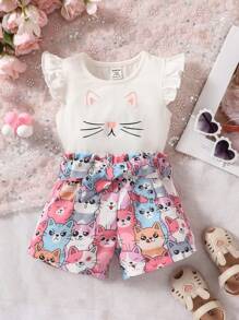 SHEIN 嬰兒卡通圖案荷葉邊T恤和紙袋腰附腰帶短褲 - 彩色 - 查看 1
