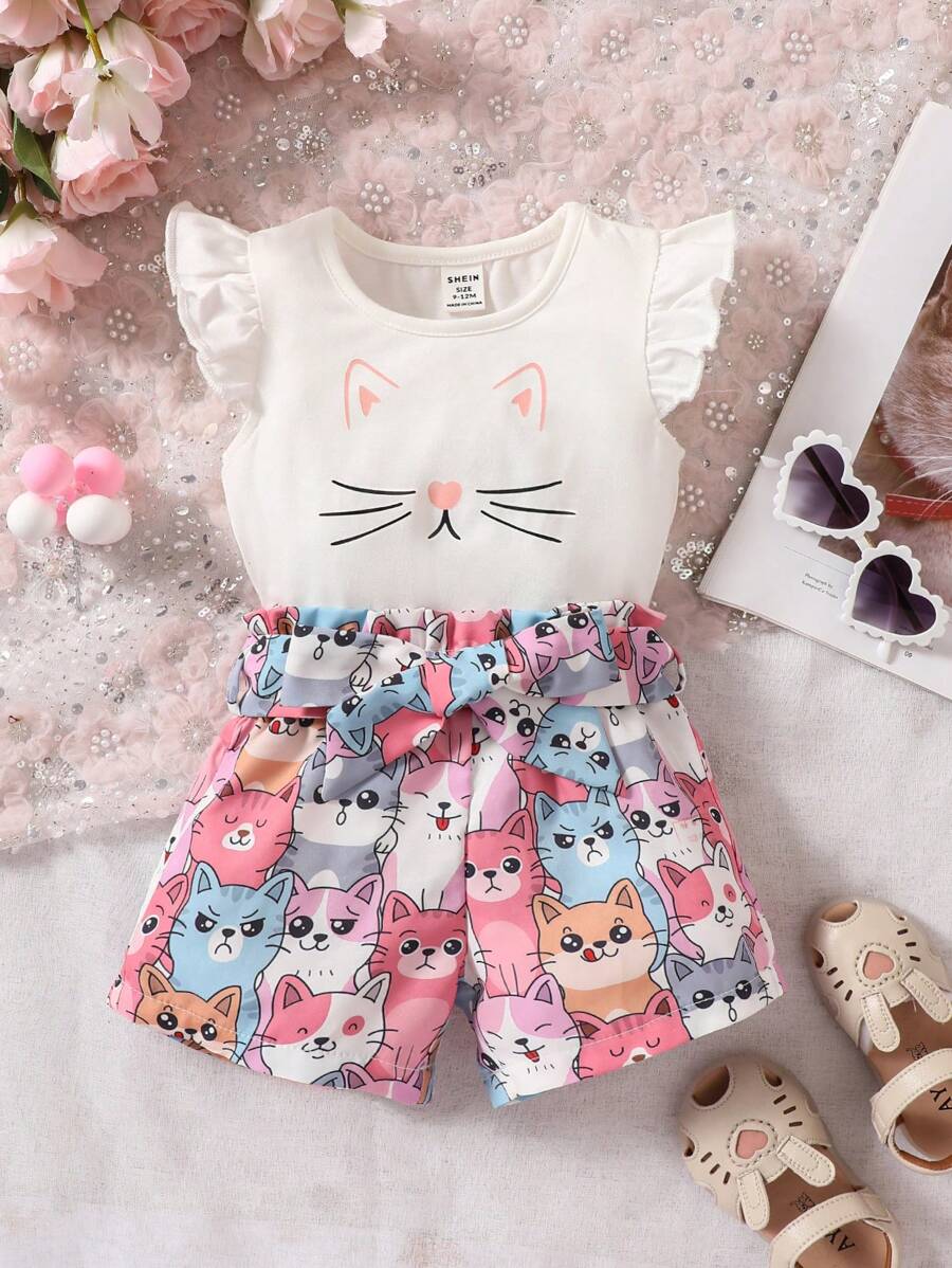 SHEIN 嬰兒卡通圖案荷葉邊T恤和紙袋腰附腰帶短褲 - 彩色 - 查看 1