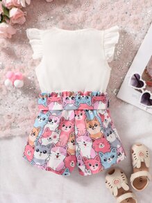 SHEIN 嬰兒卡通圖案荷葉邊T恤和紙袋腰附腰帶短褲 - 彩色 - 查看 2