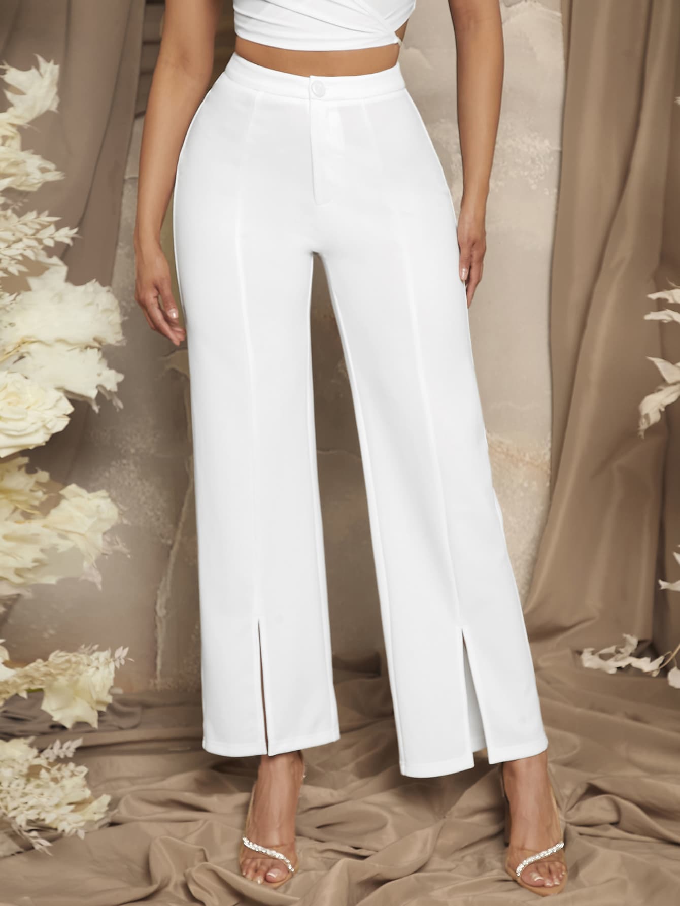 SHEIN SXY 下擺開叉西裝褲 - 白色 - 查看 1