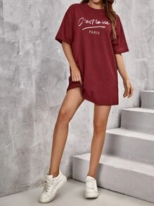 SHEIN Frenchy Slogan Graphic Drop Shoulder Tee Dress - Burgundy - View 2