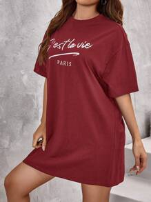 SHEIN Frenchy Slogan Graphic Drop Shoulder Tee Dress - Burgundy - View 3
