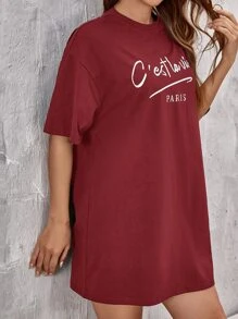SHEIN Frenchy Slogan Graphic Drop Shoulder Tee Dress - Burgundy - View 4
