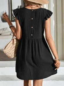 SHEIN Frenchy 素色荷葉邊圓領連衣裙 - 黑色 - 查看 3