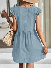 SHEIN Frenchy Solid Ruffle Trim Smock Dress - Dusty Blue - View 4