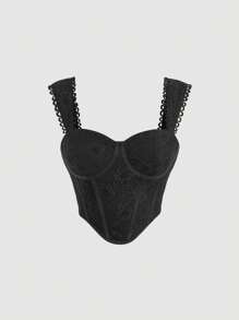 SHEIN MOD 素色緊身上衣蕾絲吊帶上衣 - 黑色 - 查看 1