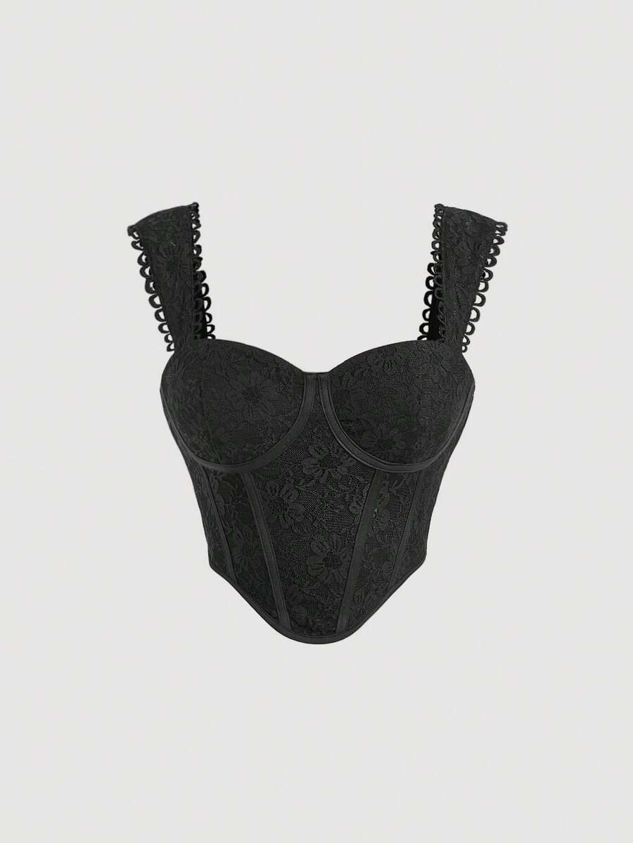 SHEIN MOD 素色緊身上衣蕾絲吊帶上衣 - 黑色 - 查看 1