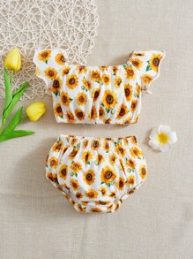 SHEIN 嬰兒向日葵圖案荷葉邊上衣和短褲 - 彩色 - 查看 1