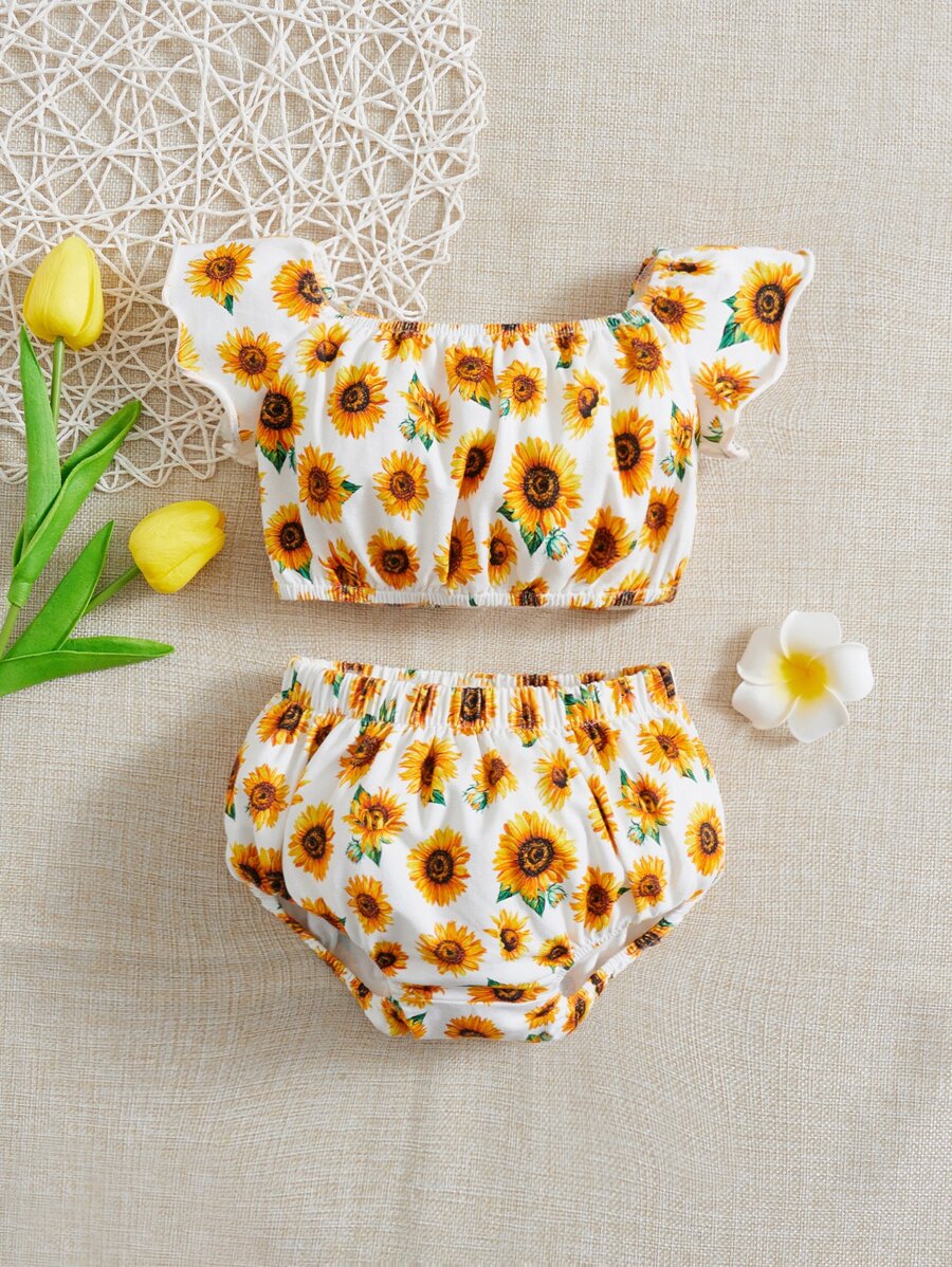 SHEIN 嬰兒向日葵圖案荷葉邊上衣和短褲 - 彩色 - 查看 1