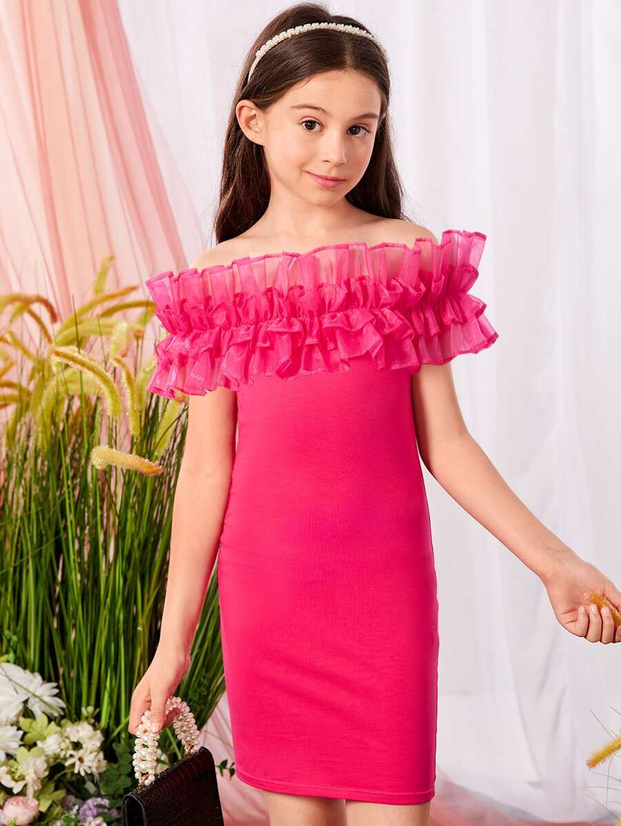 SHEIN Girls Off Shoulder Ruffle Trim Dress - Hot Pink - View 1