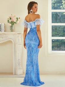 Missord Đầm ghép mộng kim sa Xù Dây kéo màu trơn Buổi tiệc - Màu xanh lam - Xem 2