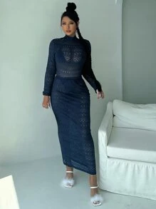小高領鏤空連體衣和鉛筆裙 - 藏蓝色 - 查看 1