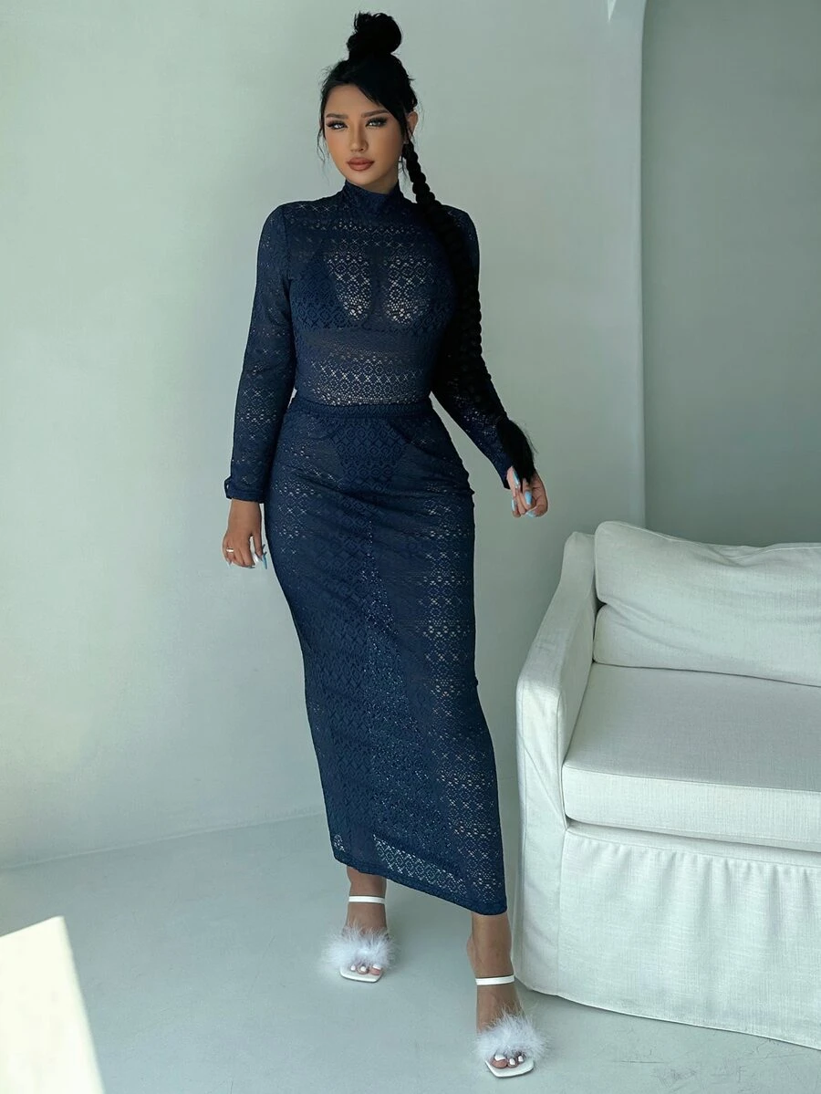 小高領鏤空連體衣和鉛筆裙 - 藏蓝色 - 查看 1