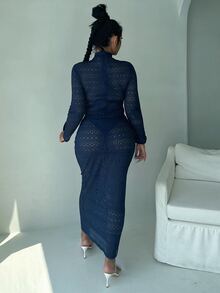 小高領鏤空連體衣和鉛筆裙 - 藏蓝色 - 查看 2