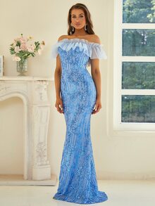 Missord Đầm ghép mộng kim sa Xù Dây kéo màu trơn Buổi tiệc - Màu xanh lam - Xem 5