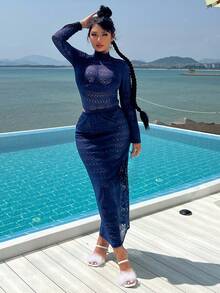 小高領鏤空連體衣和鉛筆裙 - 藏蓝色 - 查看 6